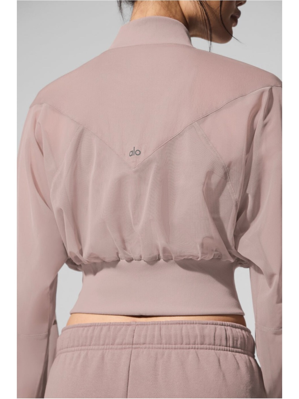 EUC XS Alo Cropped Air It Out Bomber Sheer Dusty Pink Zip Bomber Jacket - Picture 8 of 10